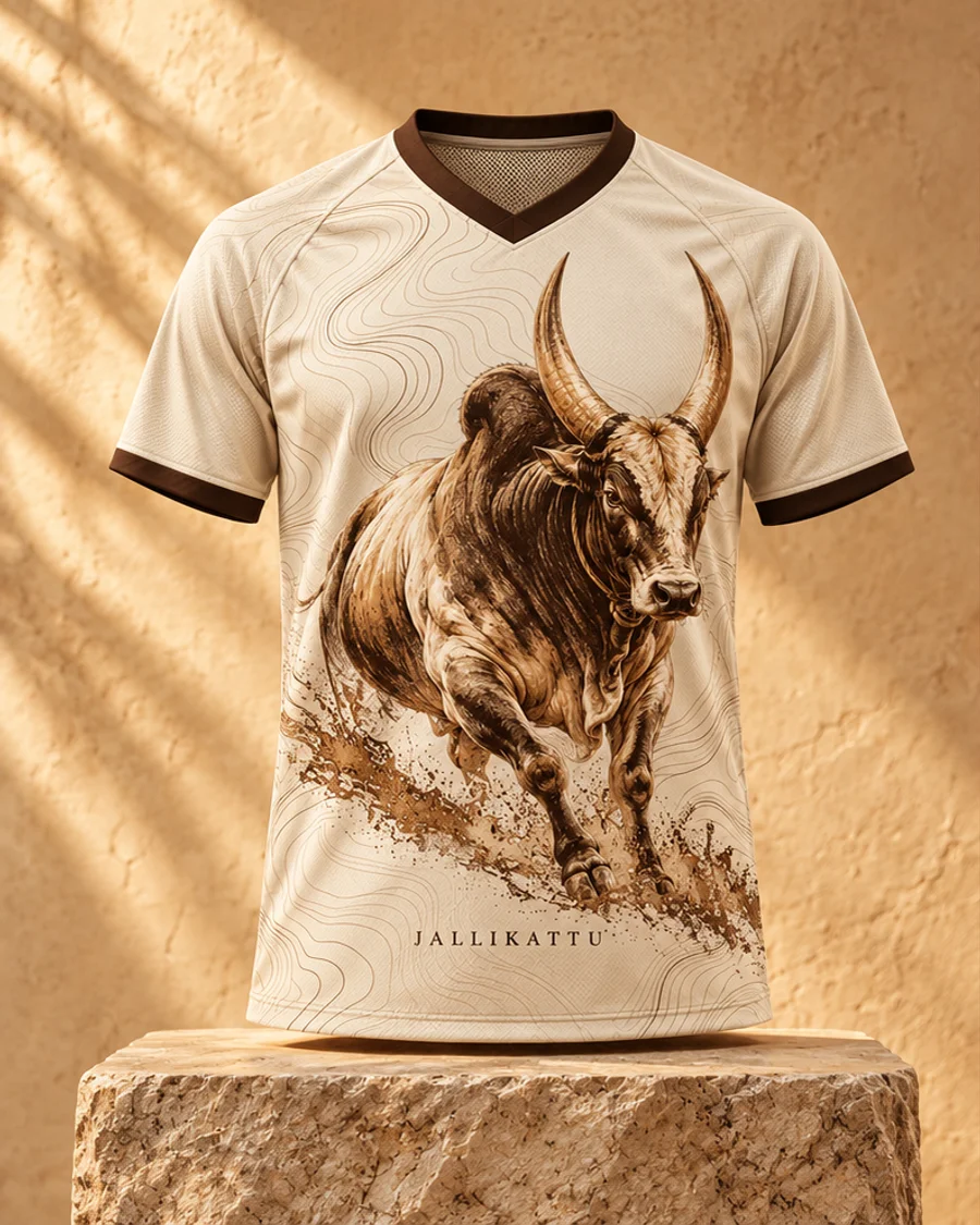 Ivory Jallikattu jersey T-shirt featuring earthy Tamil bull artwork