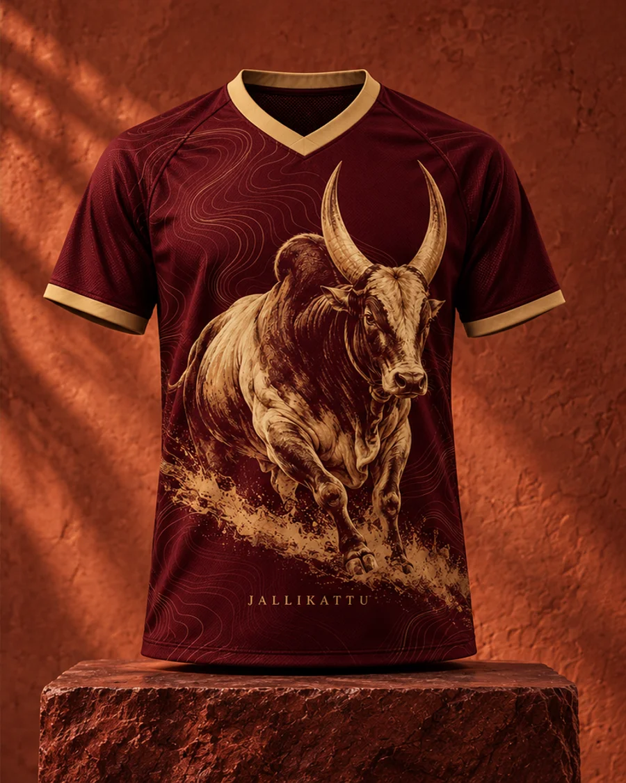 Maroon Jallikattu jersey T-shirt with sand-coloured bull artwork