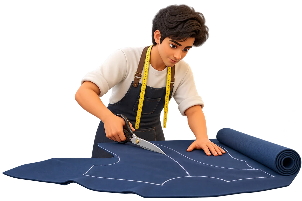 Illustration of a tailor cutting navy fabric along a T-shirt pattern