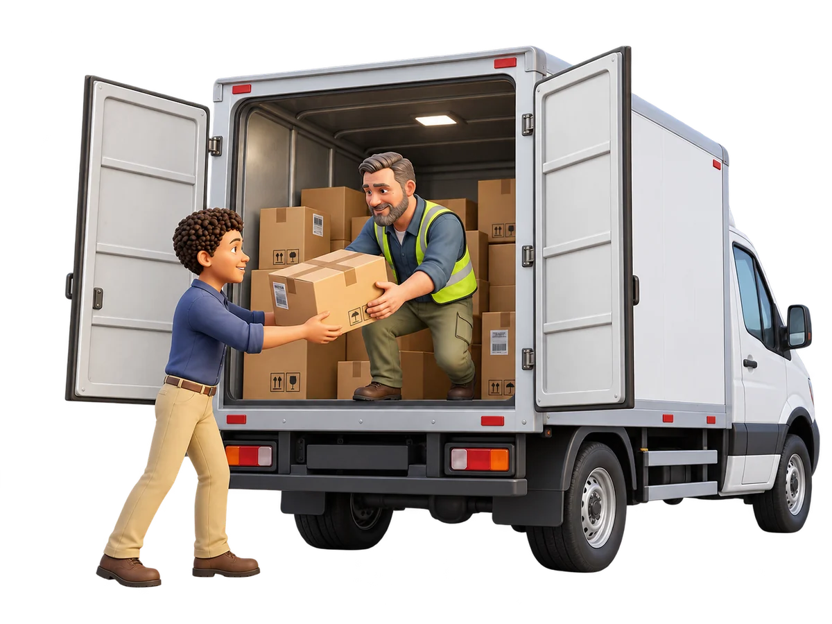 Illustration of a parcel being handed over at a delivery truck