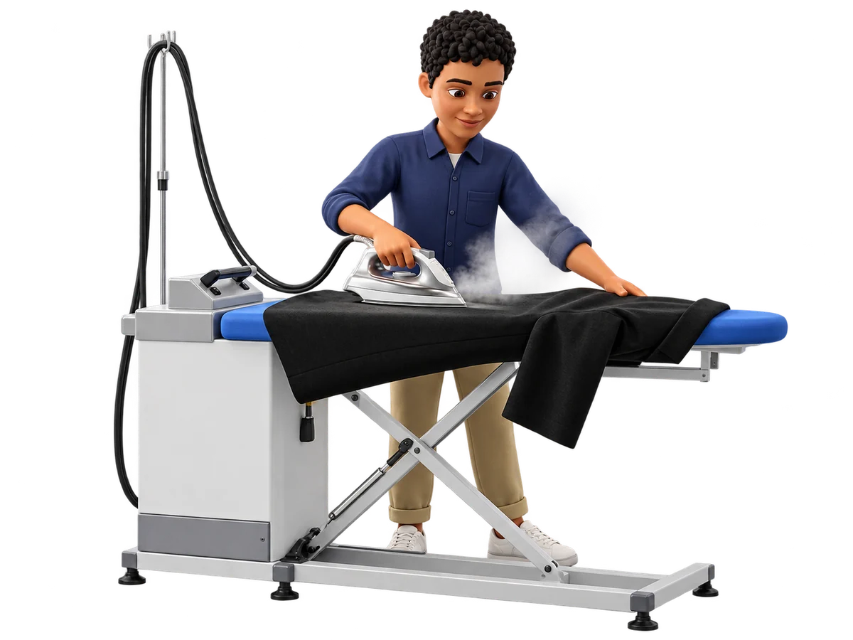 Illustration of a tailor steam-ironing a finished garment